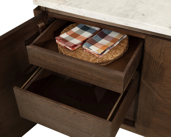 Sunpan Boden Marble Top Kitchen Island with Oak Base Soft Close Drawers and Adjustable Shelves 112361
