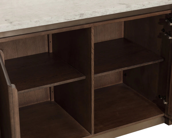 Sunpan Boden Marble Top Kitchen Island with Oak Base Soft Close Drawers and Adjustable Shelves 112361