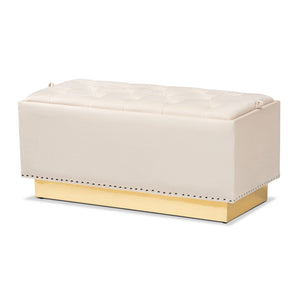 Baxton Studio Baxton Studio Powell Luxurious Velvet Storage Ottoman with Gold Leather Base and Tufted Design Beige WS-2019-Beige Velvet/Gold-Otto