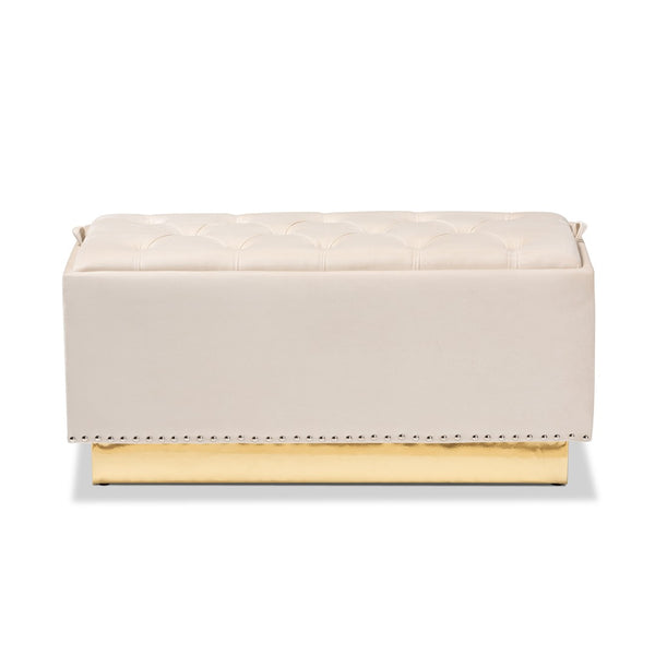 Baxton Studio Baxton Studio Powell Luxurious Velvet Storage Ottoman with Gold Leather Base and Tufted Design Beige WS-2019-Beige Velvet/Gold-Otto