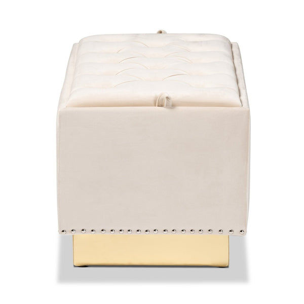 Baxton Studio Baxton Studio Powell Luxurious Velvet Storage Ottoman with Gold Leather Base and Tufted Design Beige WS-2019-Beige Velvet/Gold-Otto