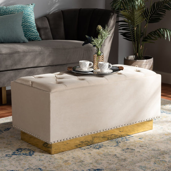 Baxton Studio Baxton Studio Powell Luxurious Velvet Storage Ottoman with Gold Leather Base and Tufted Design Beige WS-2019-Beige Velvet/Gold-Otto