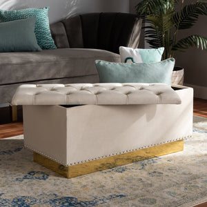 Baxton Studio Baxton Studio Powell Luxurious Velvet Storage Ottoman with Gold Leather Base and Tufted Design Beige WS-2019-Beige Velvet/Gold-Otto
