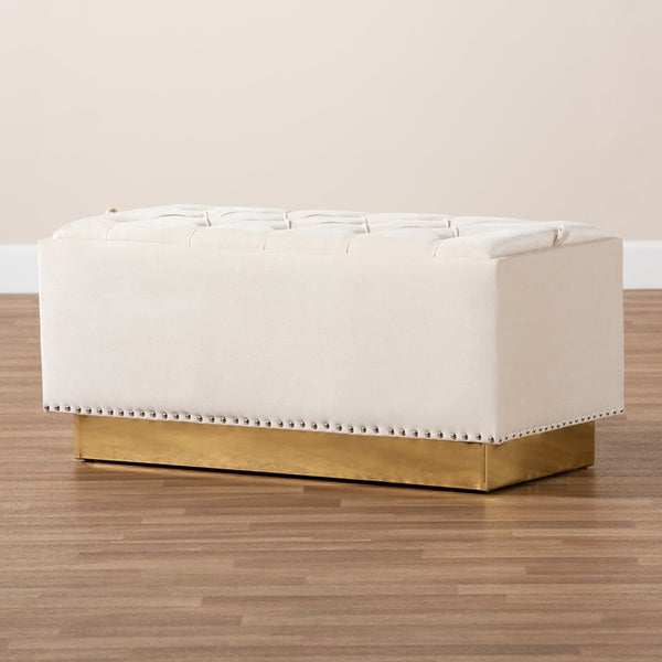 Baxton Studio Baxton Studio Powell Luxurious Velvet Storage Ottoman with Gold Leather Base and Tufted Design Beige WS-2019-Beige Velvet/Gold-Otto