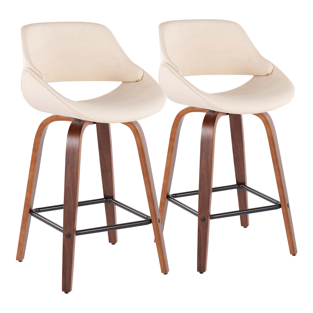 English Elm Fabrico Mid-Century Modern Counter Stool Set Of 2 In Cream Faux Leather & Walnut Wood Finish B202S00257