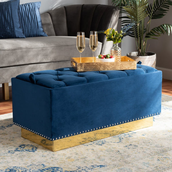 Baxton Studio Baxton Studio Glam Navy Blue Velvet Storage Ottoman with Gold Base - Chic, Functional Furniture Piece WS-2019-Navy Blue Velvet/Gold-Otto