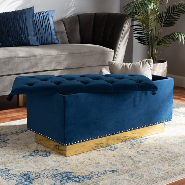 Baxton Studio Baxton Studio Glam Navy Blue Velvet Storage Ottoman with Gold Base - Chic, Functional Furniture Piece WS-2019-Navy Blue Velvet/Gold-Otto
