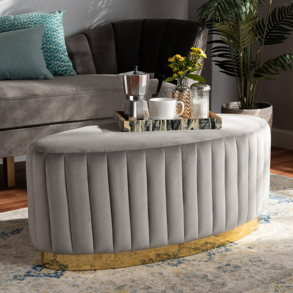 Baxton Studio Baxton Studio Kirana Glam Ottoman - Luxe Velvet Upholstered with Elegant Gold Leather Base Design Grey WS-20352-Grey Velvet/Gold-Otto