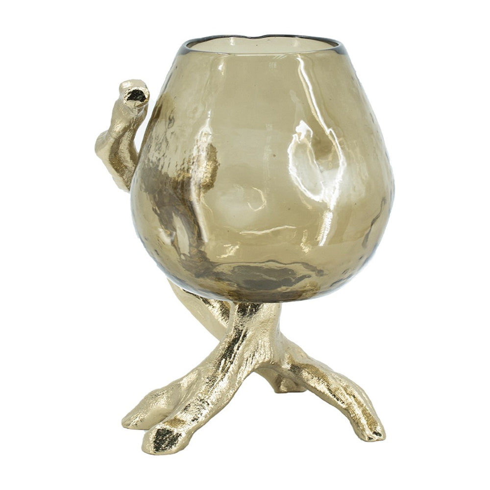 English Elm 8.5x7.1x10.4" Sculptural Olive Glass Pillar Holder on Gold Aluminum Legs W2078P490403