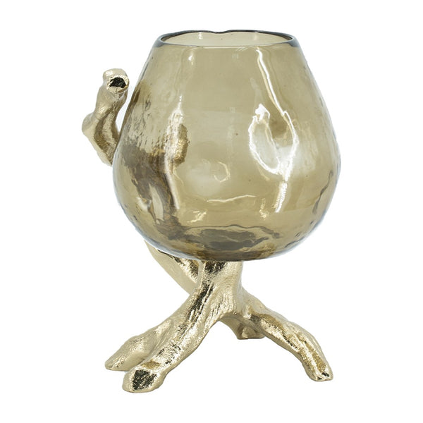 English Elm 8.5x7.1x10.4" Sculptural Olive Glass Pillar Holder on Gold Aluminum Legs W2078P490403