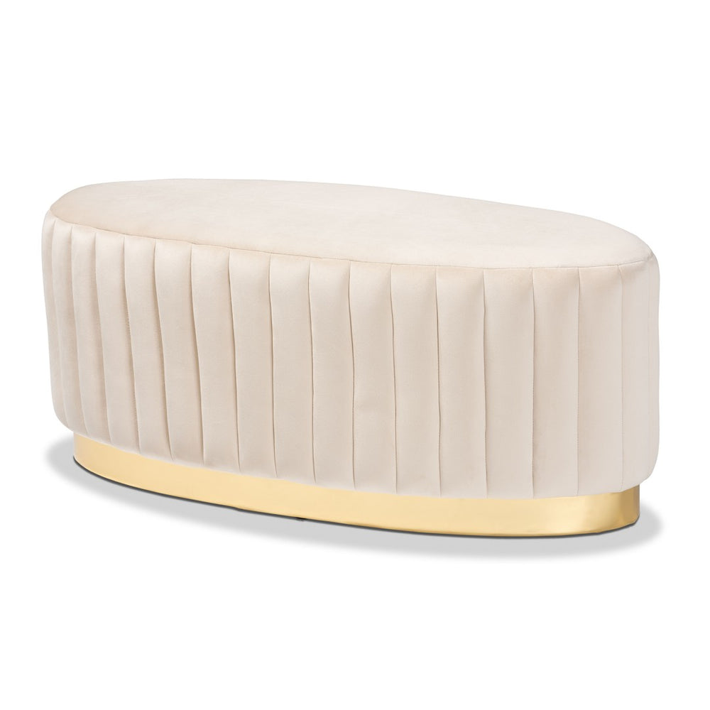 Baxton Studio Baxton Studio Kirana Glam Ottoman - Luxe Velvet Upholstered with Elegant Gold Leather Base Design Beige WS-20352-Beige Velvet/Gold-Otto