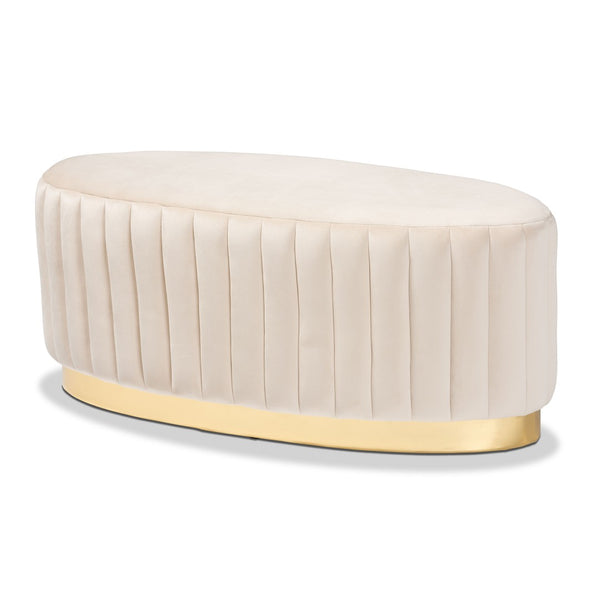 Baxton Studio Baxton Studio Kirana Glam Ottoman - Luxe Velvet Upholstered with Elegant Gold Leather Base Design Beige WS-20352-Beige Velvet/Gold-Otto
