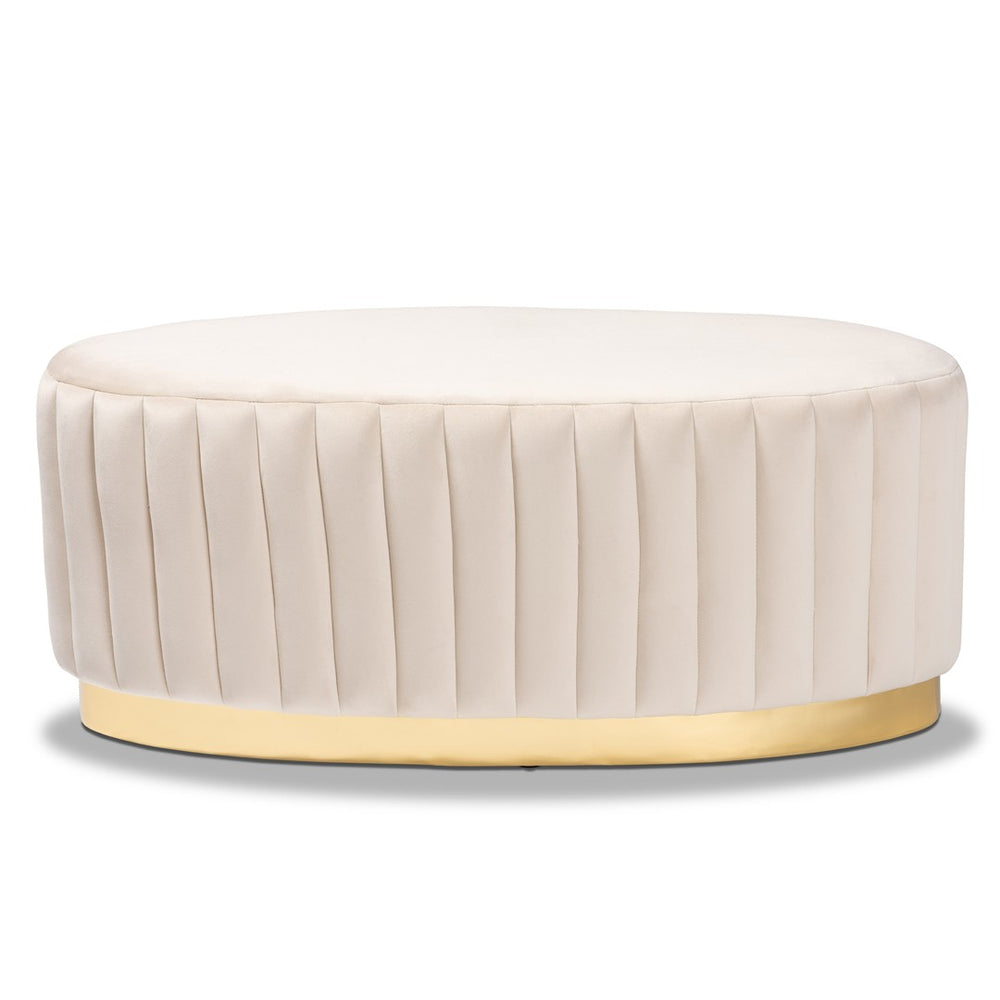 Baxton Studio Baxton Studio Kirana Glam Ottoman - Luxe Velvet Upholstered with Elegant Gold Leather Base Design Beige WS-20352-Beige Velvet/Gold-Otto