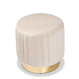 Baxton Studio Baxton Studio Kirana Glam Ottoman - Luxe Velvet Upholstered with Elegant Gold Leather Base Design Beige WS-20352-Beige Velvet/Gold-Otto