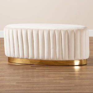 Baxton Studio Baxton Studio Kirana Glam Ottoman - Luxe Velvet Upholstered with Elegant Gold Leather Base Design Beige WS-20352-Beige Velvet/Gold-Otto
