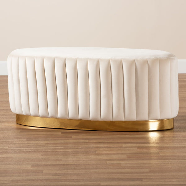 Baxton Studio Baxton Studio Kirana Glam Ottoman - Luxe Velvet Upholstered with Elegant Gold Leather Base Design Beige WS-20352-Beige Velvet/Gold-Otto