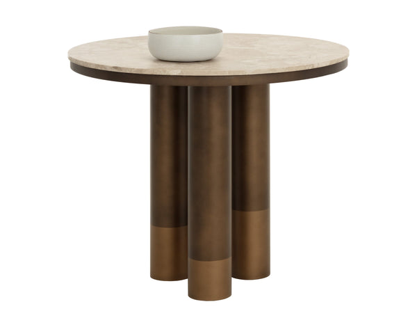 Sunpan Andina Round Marble Bistro Table Turkish Greige Top Bronze Pedestal Dining 112409