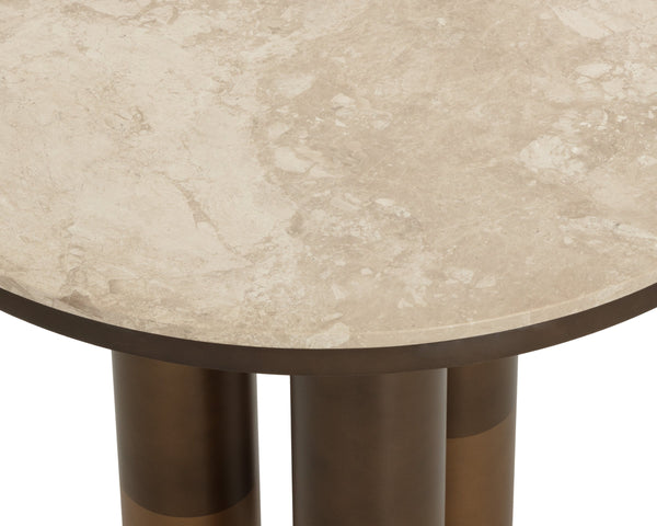Sunpan Andina Round Marble Bistro Table Turkish Greige Top Bronze Pedestal Dining 112409