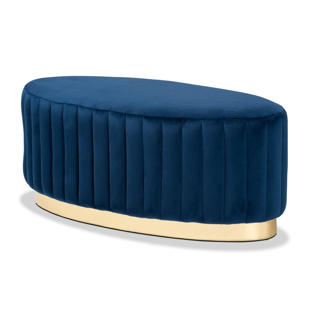 Baxton Studio Baxton Studio Kirana Velvet Ottoman - Luxurious Navy Blue with Gold Leather Base, Fully Assembled Elegance WS-20352-Navy Blue Velvet/Gold-Otto