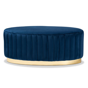 Baxton Studio Baxton Studio Kirana Velvet Ottoman - Luxurious Navy Blue with Gold Leather Base, Fully Assembled Elegance WS-20352-Navy Blue Velvet/Gold-Otto
