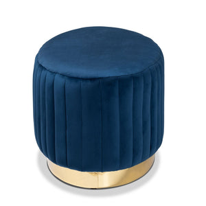 Baxton Studio Baxton Studio Kirana Velvet Ottoman - Luxurious Navy Blue with Gold Leather Base, Fully Assembled Elegance WS-20352-Navy Blue Velvet/Gold-Otto