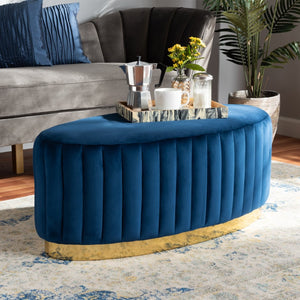 Baxton Studio Baxton Studio Kirana Velvet Ottoman - Luxurious Navy Blue with Gold Leather Base, Fully Assembled Elegance WS-20352-Navy Blue Velvet/Gold-Otto