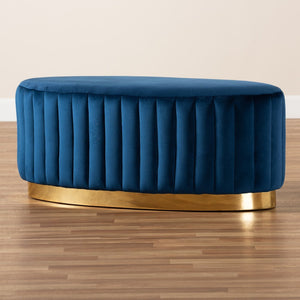 Baxton Studio Baxton Studio Kirana Velvet Ottoman - Luxurious Navy Blue with Gold Leather Base, Fully Assembled Elegance WS-20352-Navy Blue Velvet/Gold-Otto