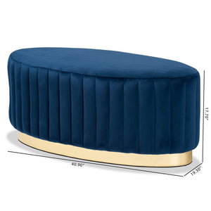 Baxton Studio Baxton Studio Kirana Velvet Ottoman - Luxurious Navy Blue with Gold Leather Base, Fully Assembled Elegance WS-20352-Navy Blue Velvet/Gold-Otto