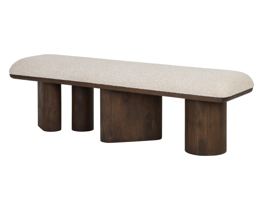 Sunpan Hiro Upholstered Bench Pill Silhouette Oak Legs Neutral Fabric Bedroom Entryway 112490