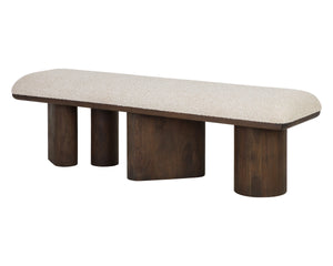 Sunpan Hiro Upholstered Bench Pill Silhouette Oak Legs Neutral Fabric Bedroom Entryway 112490