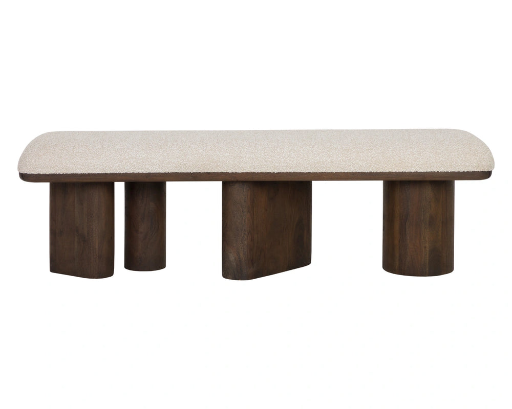 Sunpan Hiro Upholstered Bench Pill Silhouette Oak Legs Neutral Fabric Bedroom Entryway 112490