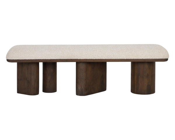 Sunpan Hiro Upholstered Bench Pill Silhouette Oak Legs Neutral Fabric Bedroom Entryway 112490