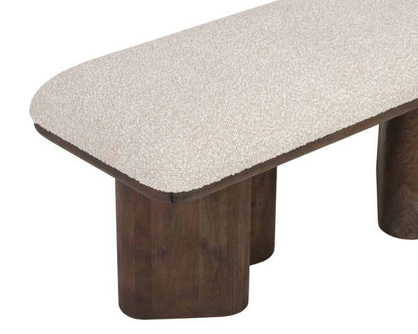 Sunpan Hiro Upholstered Bench Pill Silhouette Oak Legs Neutral Fabric Bedroom Entryway 112490