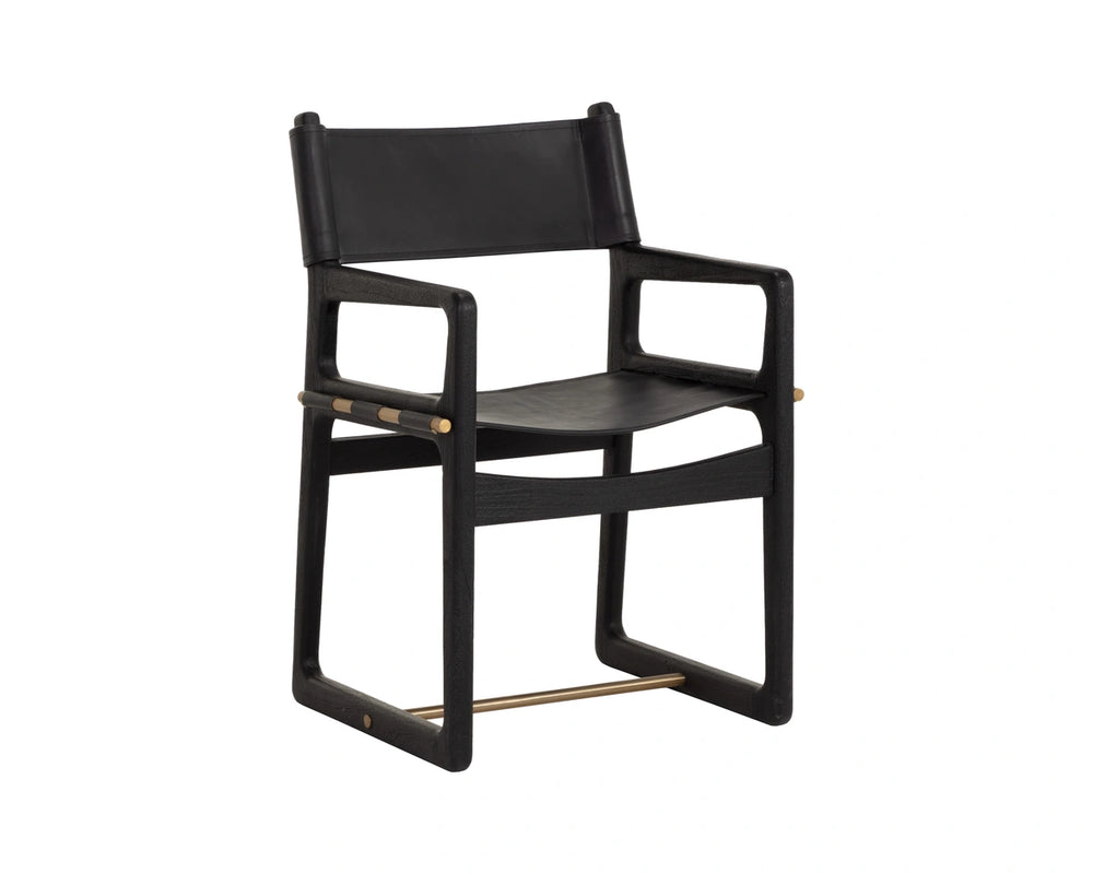 Sunpan Enver Sling Dining Arm Chair Acacia Wood Frame Gold Stretcher Top Grain Leather 112494