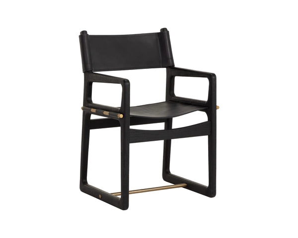 Sunpan Enver Sling Dining Arm Chair Acacia Wood Frame Gold Stretcher Top Grain Leather 112494