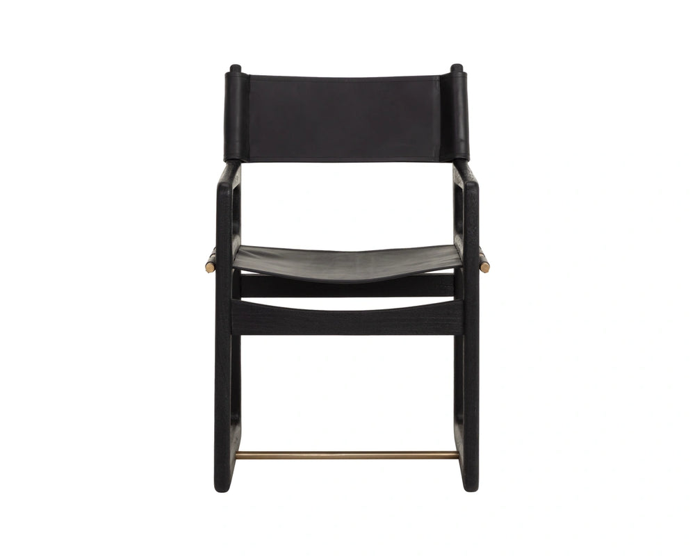 Sunpan Enver Sling Dining Arm Chair Acacia Wood Frame Gold Stretcher Top Grain Leather 112494