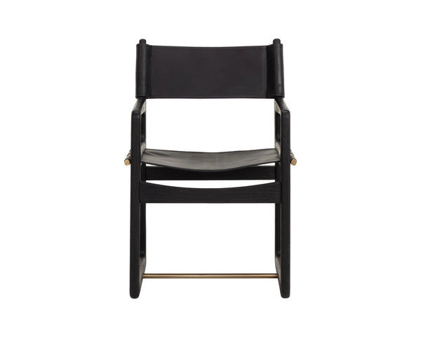 Sunpan Enver Sling Dining Arm Chair Acacia Wood Frame Gold Stretcher Top Grain Leather 112494