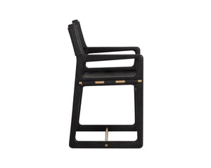 Sunpan Enver Sling Dining Arm Chair Acacia Wood Frame Gold Stretcher Top Grain Leather 112494