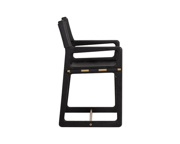 Sunpan Enver Sling Dining Arm Chair Acacia Wood Frame Gold Stretcher Top Grain Leather 112494