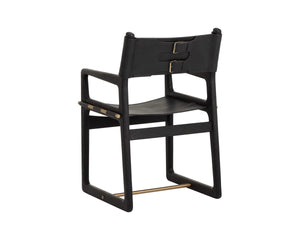 Sunpan Enver Sling Dining Arm Chair Acacia Wood Frame Gold Stretcher Top Grain Leather 112494