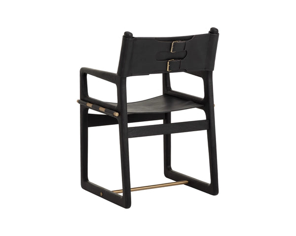 Sunpan Enver Sling Dining Arm Chair Acacia Wood Frame Gold Stretcher Top Grain Leather 112494