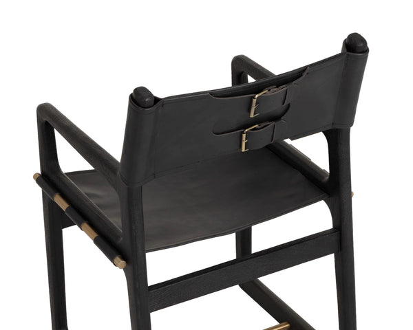 Sunpan Enver Sling Dining Arm Chair Acacia Wood Frame Gold Stretcher Top Grain Leather 112494