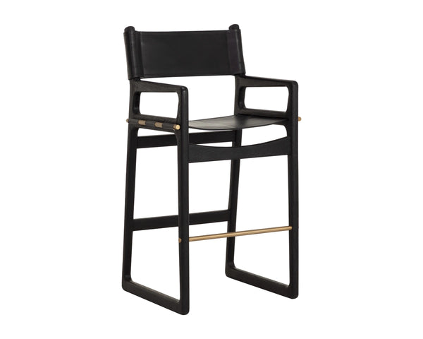 Sunpan Enver Acacia Wood Leather Barstool Director Sling Style for Modern Kitchen or Loft 112497