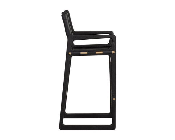 Sunpan Enver Acacia Wood Leather Barstool Director Sling Style for Modern Kitchen or Loft 112497