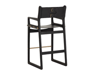 Sunpan Enver Acacia Wood Leather Barstool Director Sling Style for Modern Kitchen or Loft 112497