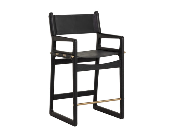 Sunpan Enver Counter Stool Acacia Wood and Top Grain Leather with Gold Stretcher Detail 112498