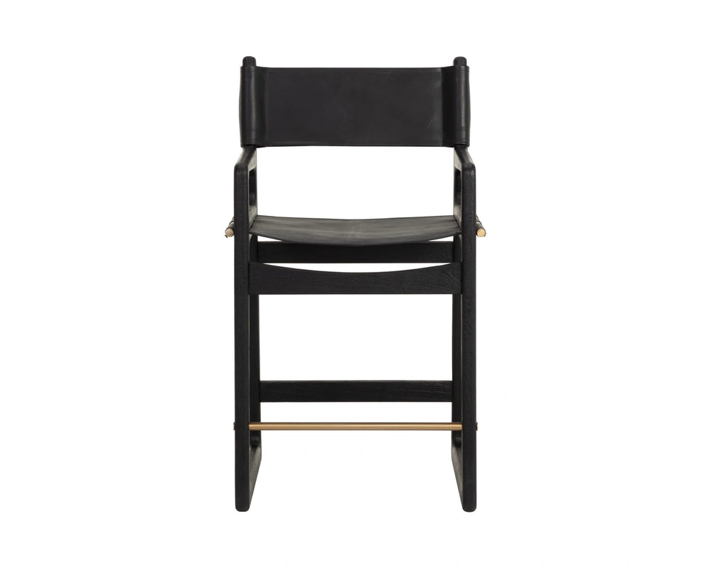 Sunpan Enver Counter Stool Acacia Wood and Top Grain Leather with Gold Stretcher Detail 112498
