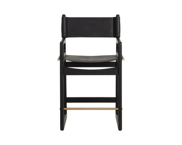 Sunpan Enver Counter Stool Acacia Wood and Top Grain Leather with Gold Stretcher Detail 112498