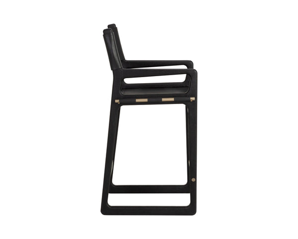 Sunpan Enver Counter Stool Acacia Wood and Top Grain Leather with Gold Stretcher Detail 112498