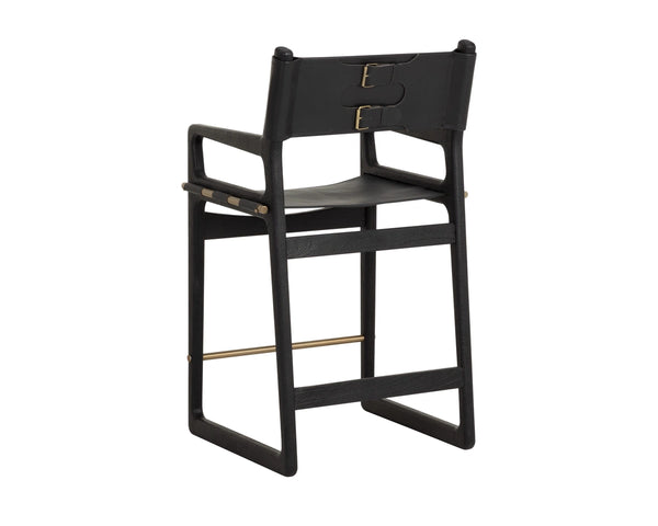 Sunpan Enver Counter Stool Acacia Wood and Top Grain Leather with Gold Stretcher Detail 112498